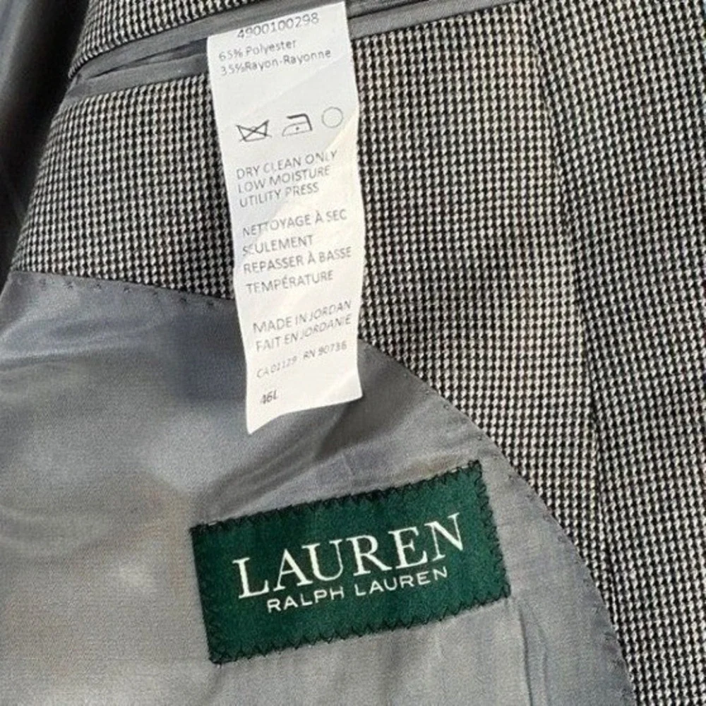 Lauren Ralph Lauren Blazer Mens 46L‎ Grey Houndstooth Two Button Sport Coat